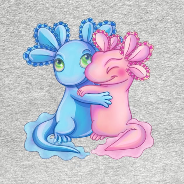 Kawaii Axolotl Love Birds Pink and Blue by CuddlyChimera